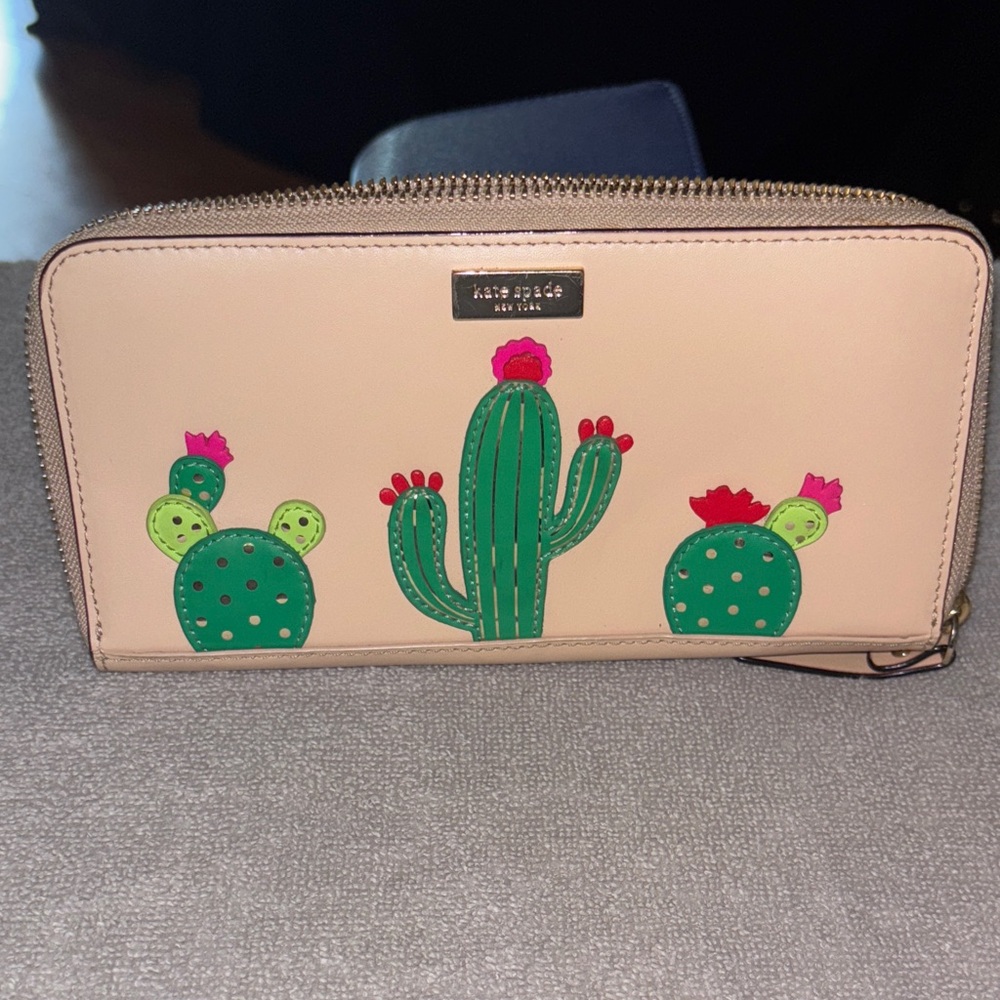 Kate Spade Beige Wallet with Green Cactus Design